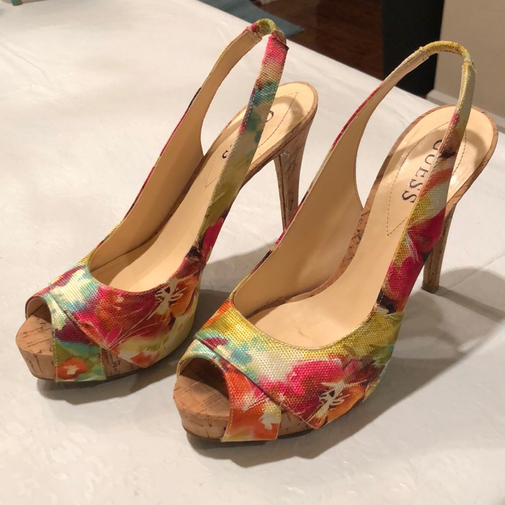 Guess Colorful Flowered Slingback Heels